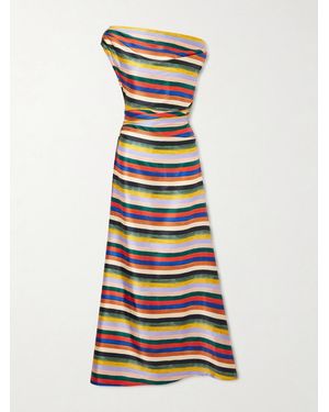 STAUD Phare One-Shoulder Draped Striped Silk-Blend Satin Maxi Dress - White