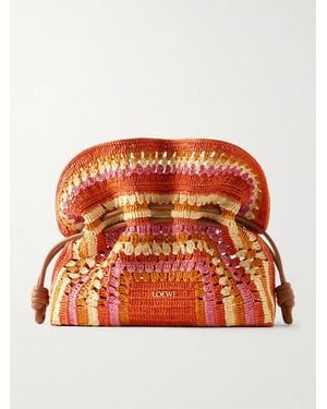 Loewe Paula's Ibiza Flamenco Mini Leather-Trimmed Crocheted Raffia Clutch - Orange
