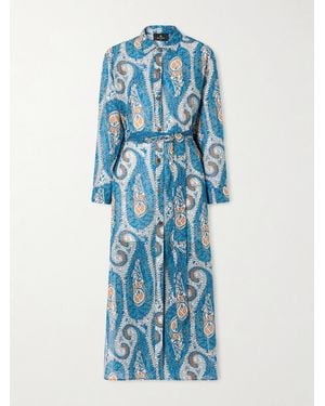 Etro Belted Paisley-Print Cotton-Voile Midi Shirt Dress - Blue