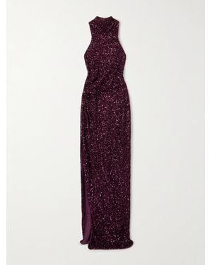 Balmain Gathered Sequined Stretch-Tulle Halterneck Gown - Purple