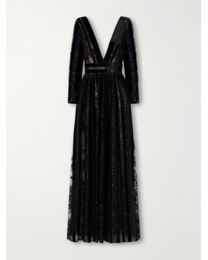 Costarellos Malena Sequin-Embellished Velvet-Trimmed Lace Gown - Black