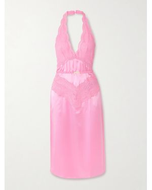 Gucci Belted Silk-Satin And Lace Halterneck Midi Dress - Pink