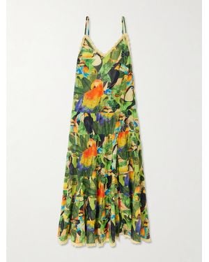 FARM Rio Bird Leaves Crochet-Trimmed Tiered Printed Cotton Maxi Dress - Green