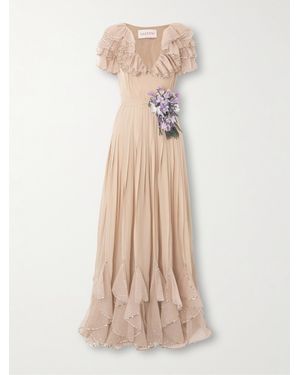Valentino Garavani Belted Ruffled Embellished Silk-Georgette Gown - Natural