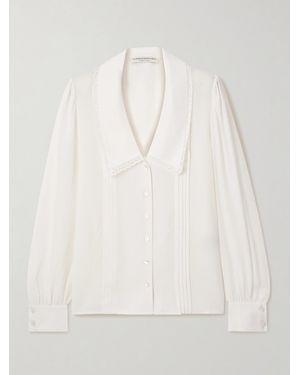 Alessandra Rich Lace-Trimmed Pintucked Silk-Chiffon Blouse - Natural