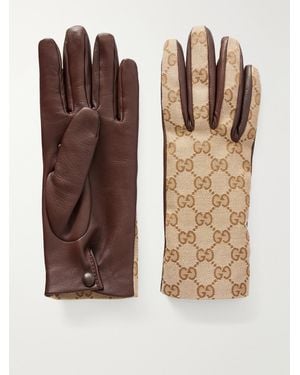 Gucci Gg-Jacquard Canvas And Leather Gloves - Brown