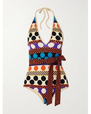 Valentino Garavani Belted Printed Halterneck Swimsuit - White