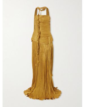 Marmar Halim Strapless Scarf-Detailed Metallic Plissé-Satin Gown