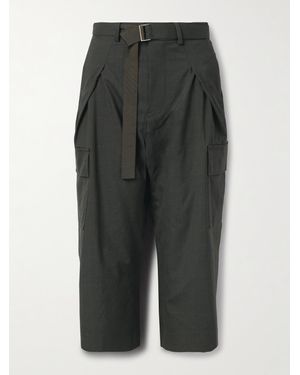 Sacai Cropped Belted Pleated Prince Of Wales Checked Wool Tapered Pants - Gray