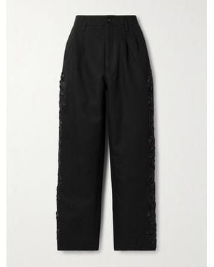 Bode Ribbon Garland Satin-Trimmed Pleated Cotton-Twill Wide-Leg Trousers - Black