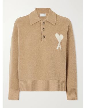 Ami Paris Logo-Embroidered Wool-Blend Polo Shirt - Natural