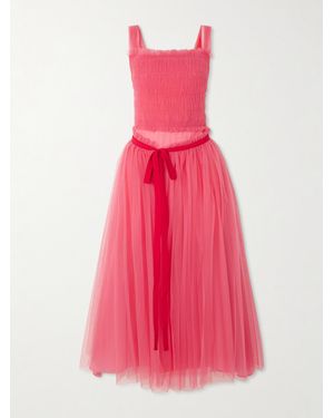 Molly Goddard Elodie Shirred Grosgrain-Trimmed Tulle Midi Dress - Pink