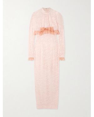 Alessandra Rich Bow-Embellished Ruffled Silk Organza-Trimmed Stretch-Lace Gown - Pink