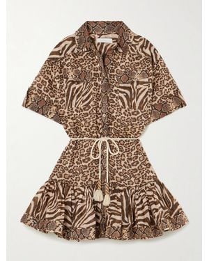 Zimmermann Wanderlust Lantern Belted Printed Cotton Mini Dress - Brown