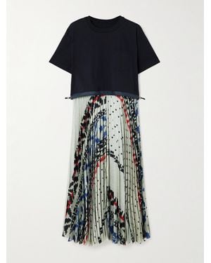 Sacai Pleated Satin-Trimmed Cotton-Jersey Midi Dress - Blue