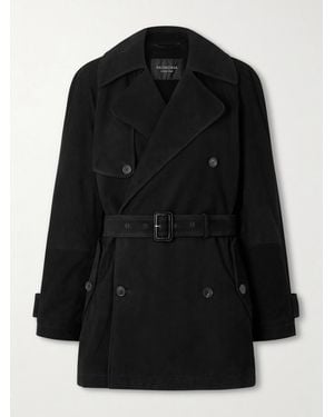 Balenciaga Double-Breasted Belted Suede Trench Coat - Black