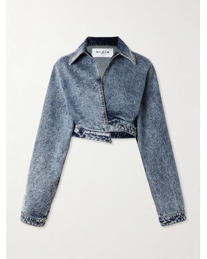 Alaïa Cropped Asymmetric Denim Jacket - Blue