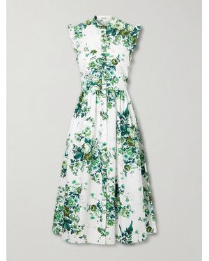 Erdem Ruffled Floral-Print Cotton-Poplin Midi Shirt Dress - Green