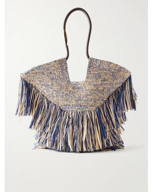 Zimmermann Goldentime Fringed Leather And Fabric-Trimmed Raffia Medium Tote - Gray