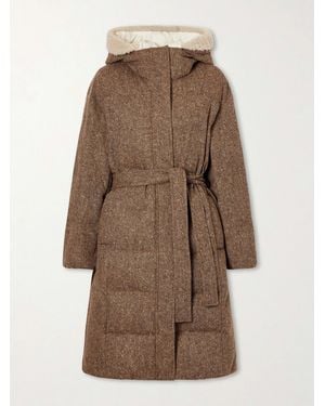 Brunello Cucinelli Hooded Belted Padded Quilted Shearling-Trimmed Wool-Blend Down Jacket - Natural
