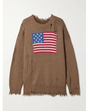 Denimist American Flag Distressed Embroidered Intarsia-Knit Cotton-Blend Jumper - Brown