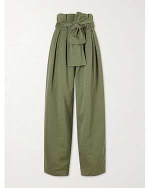Balmain Belted Pleated Cotton And Linen-Blend Twill Tapered Pants - Green