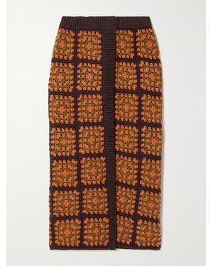 Alanui Positive Vibes Crochet-Knit Cotton Midi Skirt - Brown