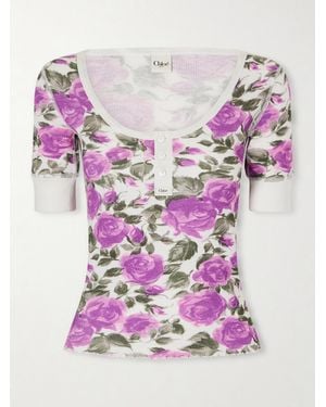 Chloé Floral-Print Ribbed Stretch-Cotton Jersey T-Shirt - Pink