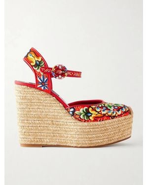 Dolce & Gabbana Printed Leather-Trimmed Canvas Wedge Sandals - Pink