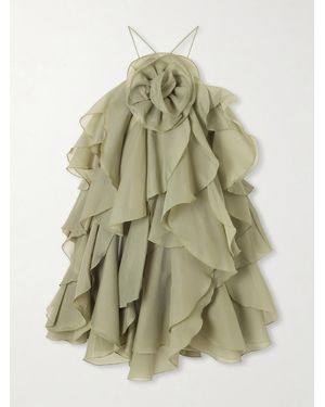 Aje. Pandorea Appliquéd Ruffled Layered Chiffon Mini Dress - Green