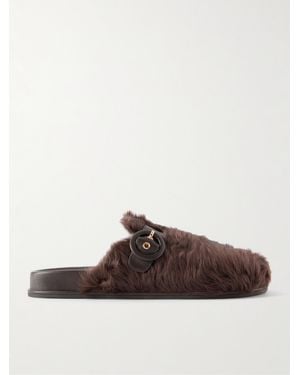 Aquazzura Cuddle Buckled Leather-Trimmed Shearling Slip-Ons - Brown