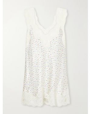 Rabanne Floral-Print Lace-Trimmed Silk-Satin Cami - White