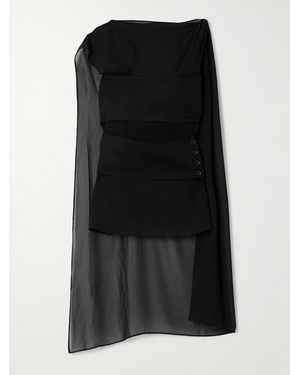 Proenza Schouler Aurora Cape-Effect Asymmetric Layered Twill-Trimmed Chiffon Blouse - Black
