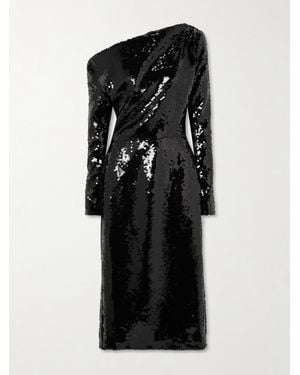 16Arlington Danae Draped Asymmetric Sequined Crepe Midi Dress - Black
