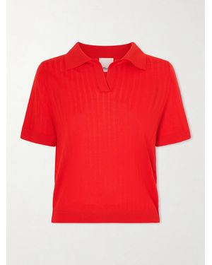 Allude Pointelle-Knit Wool Polo Top - Red