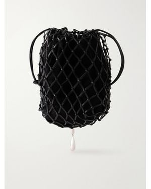 SAVETTE Macrame Bead-Embellished Suede-Trimmed Leather Pouch - Black