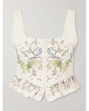 Agua Bendita Eslabon Anhelo Floral-Print Button-Embellished Linen Cropped Top - Natural