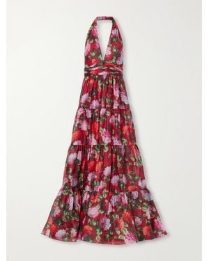 Carolina Herrera Tiered Pleated Floral-Print Silk Halterneck Gown