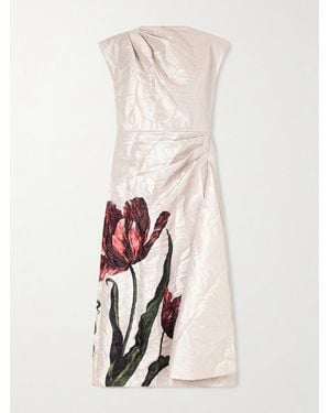 Erdem Draped Floral-Print Crinkle-Crepe Midi Dress - White