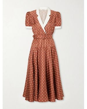 Rodarte Belted Pleated Polka-Dot Crepe-Trimmed Silk-Twill Midi Dress - Brown