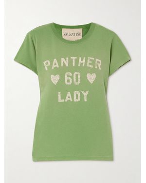 Valentino Garavani Panther 60 Lady Printed Appliquéd Cotton-Jersey T-Shirt - Green