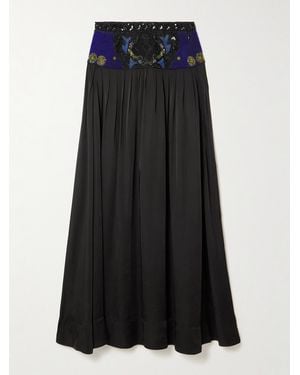 Bode Deco Collage Embellished Pleated Satin Maxi Skirt - Black