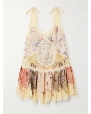 Zimmermann Cascadian Lace-Trimmed Floral-Print Cotton-Gauze Mini Dress - Natural