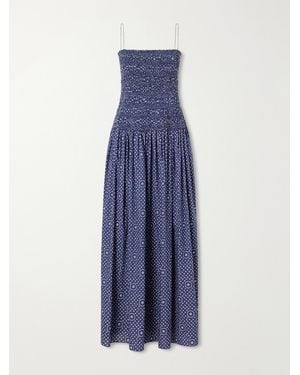 Matteau Shirred Printed Cotton Midi Dress - Blue