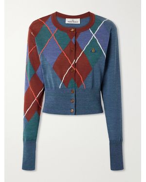 Vivienne Westwood Logo-Embroidered Checked Wool And Cotton-Blend Cardigan - Blue