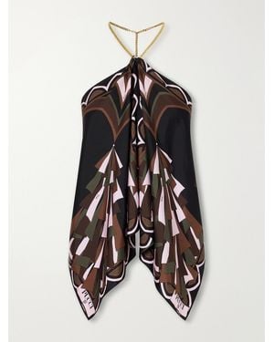 PUCCI Chain-Embellished Draped Printed Silk-Twill Halterneck Top - Black