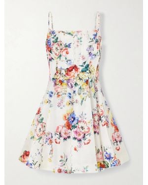 CAMILLA Paneled Embellished Floral-Print Silk And Linen-Blend Mini Dress - White