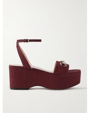 Gucci Lady Horsebit-Embellished Canvas-Jacquard Platform Sandals - Brown