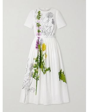 Oscar de la Renta Belted Floral-Print Cotton-Blend Poplin Midi Dress - White