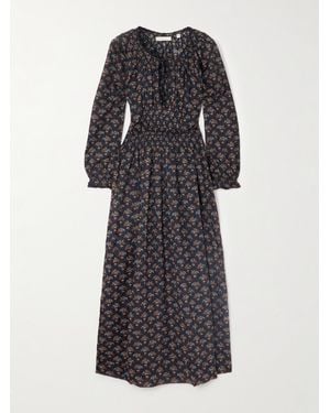 Doen Delfina Shirred Floral-Print Organic Cotton-Voile Midi Dress - Black
